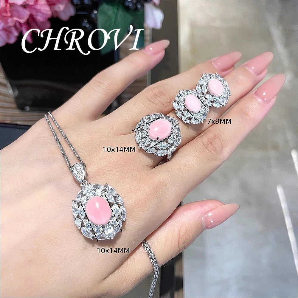 Premium 925 pure silver rouge powder conch shell necklace set, luxury earrings, high-carat diamond ring, women's accessory