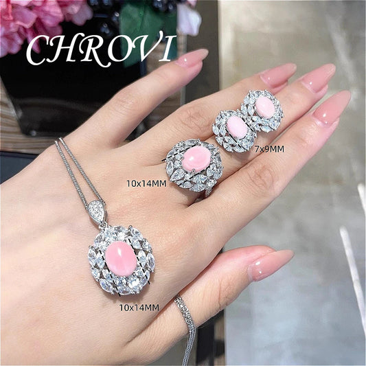 Premium 925 pure silver rouge powder conch shell necklace set, luxury earrings, high-carat diamond ring, women's accessory