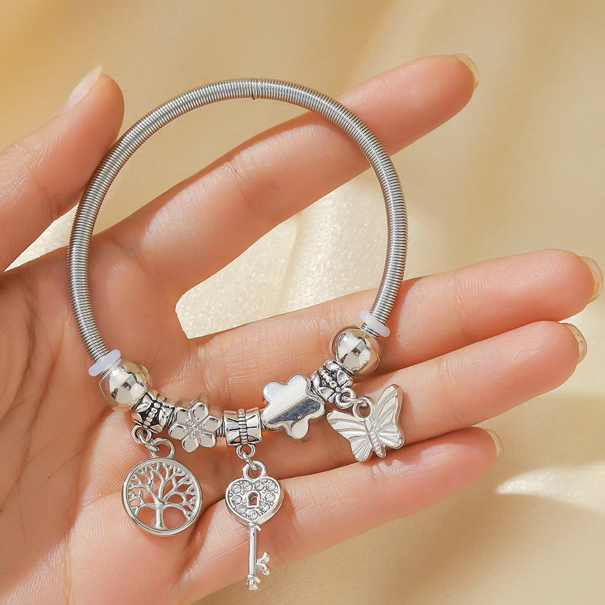 1PC Women's Fashion  Multi Element Stainless Steel DIY Teddy Bear Bead Bracelet Date Banquet Party Festival Dressing Gift