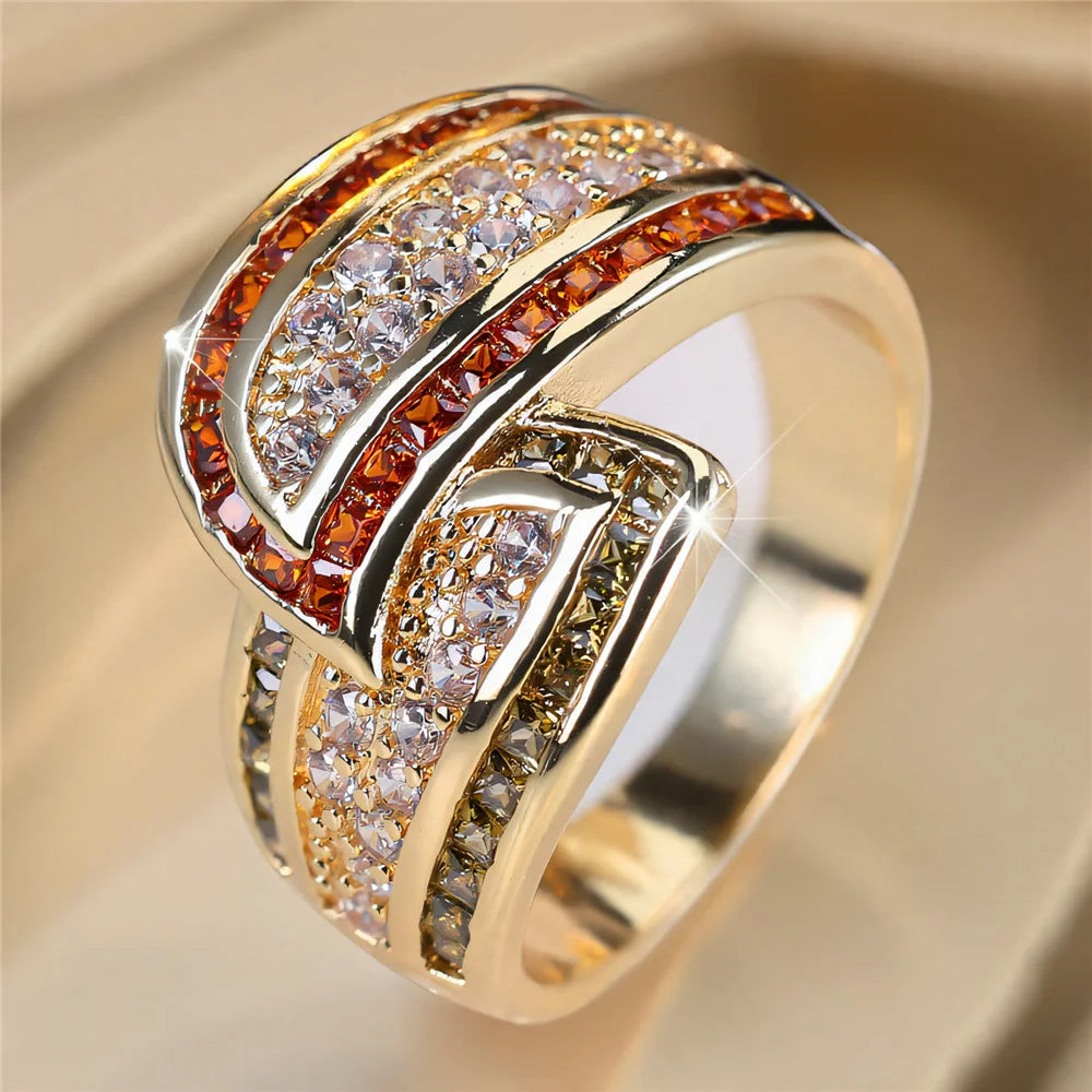 Cute Female White Zircon Stone Gold Color Wedding Jewelry Promise Engagement Wheat Rings For Women