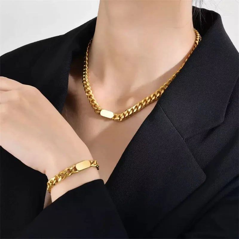 EILIECK 316L Stainless Steel 18K Gold Plated Metal Cuban Chain Statement Necklace Fashion Women Waterproof Neck Chain Jewelry