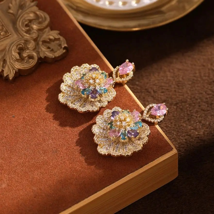 Fashionable zircon blue flower earrings, French style light luxury high-end earrings, elegant temperament, personalized earrings