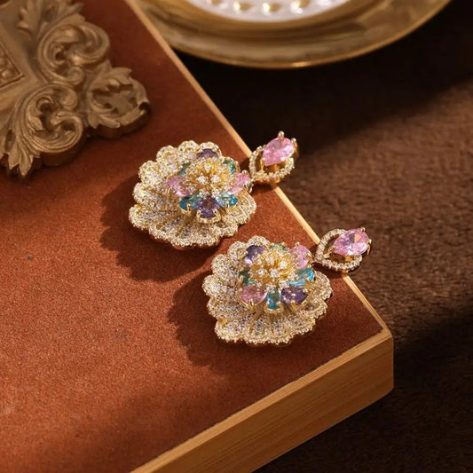 Fashionable zircon blue flower earrings, French style light luxury high-end earrings, elegant temperament, personalized earrings