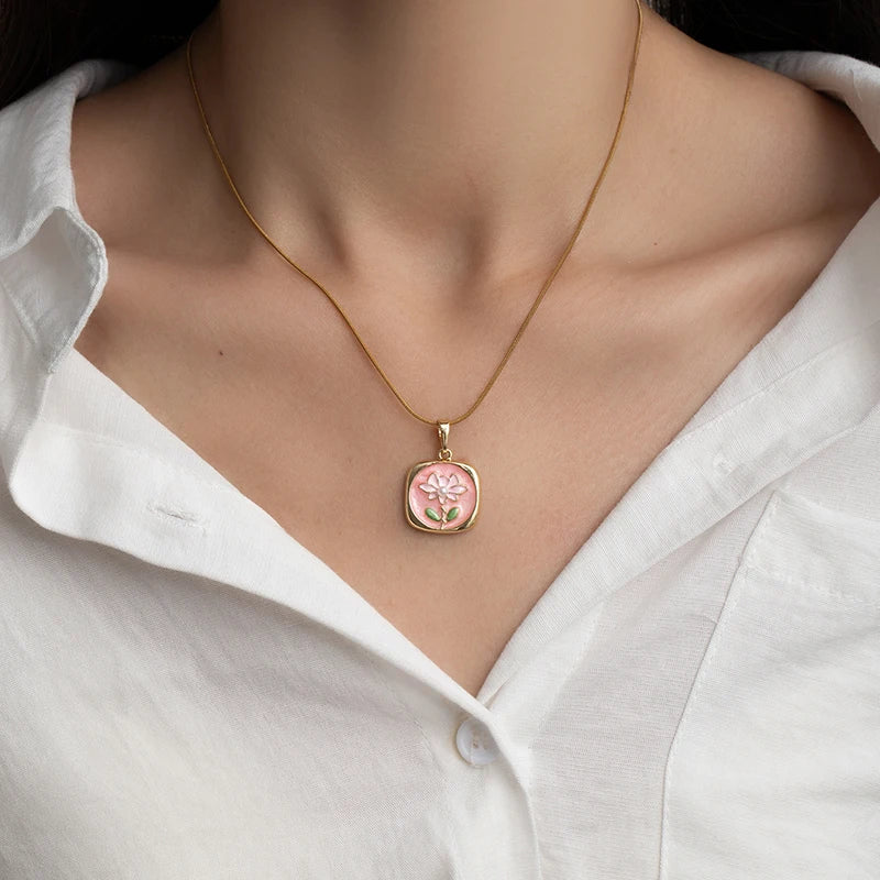 ANENJERY 316L Stainless Steel Colorful Square Lotus Necklace For Women Summer Holiday Glamorous Jewelry Gift Wholesale