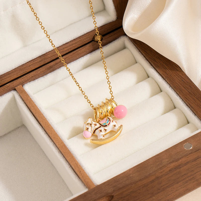 ANENJERY 316L Stainless Steel Drop Oil Horse Circular Pendant Necklace For Women Fashion Cute Sweet Jewelry Gifts Wholesale