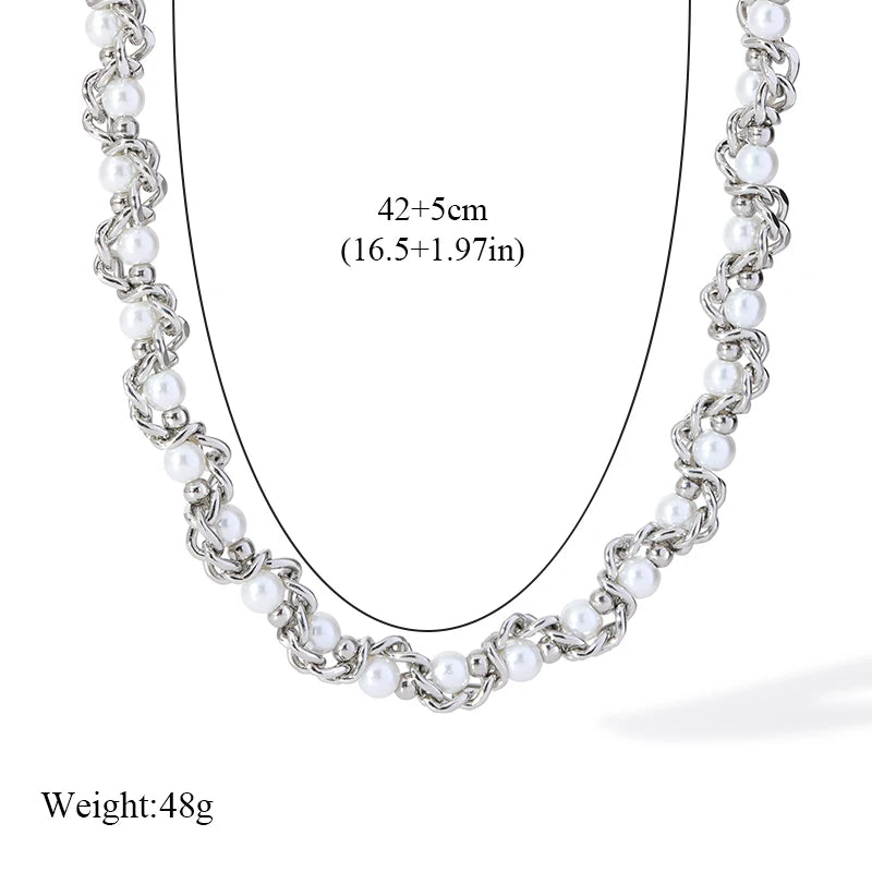 EILIECK 316L Stainless Steel Pearl Chain Necklace Bracelet Set For Women Fashion Waterproof Silver Color Jewelry Set Gift Party