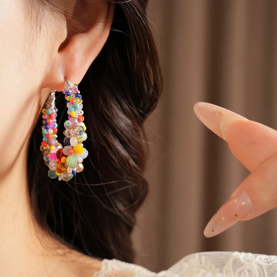 Colorful Glass Beaded Cluster Hoop Earrings for Women Shiny Wrapped Circle Huggie Earrings Vacation Festival Beach Jewelry N