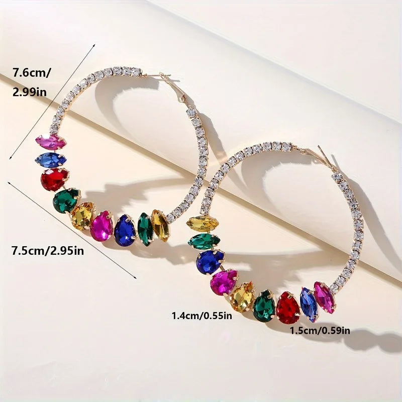 1 Pair Luxury Fashion Statement Hoop Earrings Multicolor Rhinestone Embellished Round Circle Design Ear Jewelry Gifts for Women
