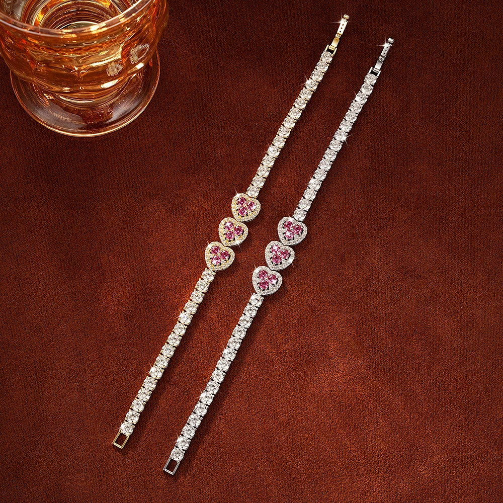 OXTAO Heart Moissanite Tennis Chain Bracelet  White Green Pink Lab Imitation Diamond Colorful Jewelry Bracelet 14K Gold Filled