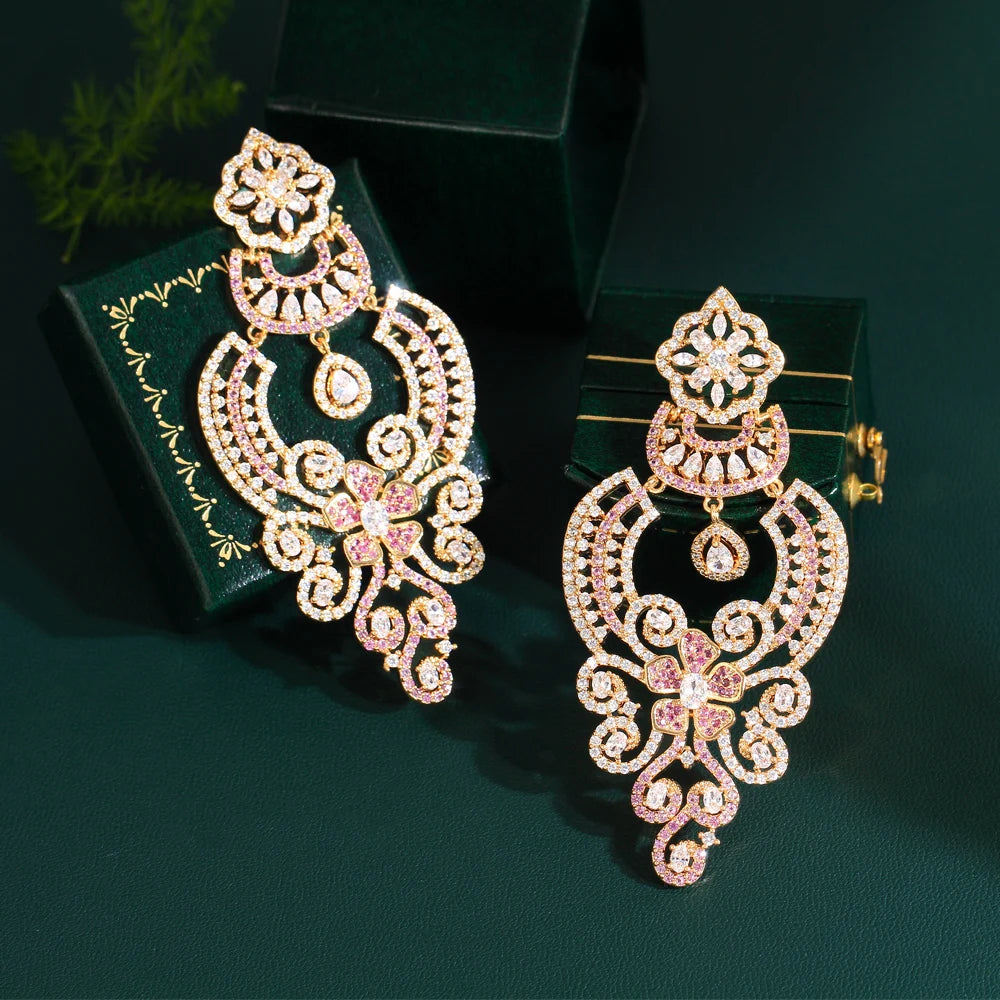 ThreeGraces Vintage Pink Zirconia Luxury Long Big Dangle Earrings for Women Delicate Wedding Evening Party Jewelry E1764