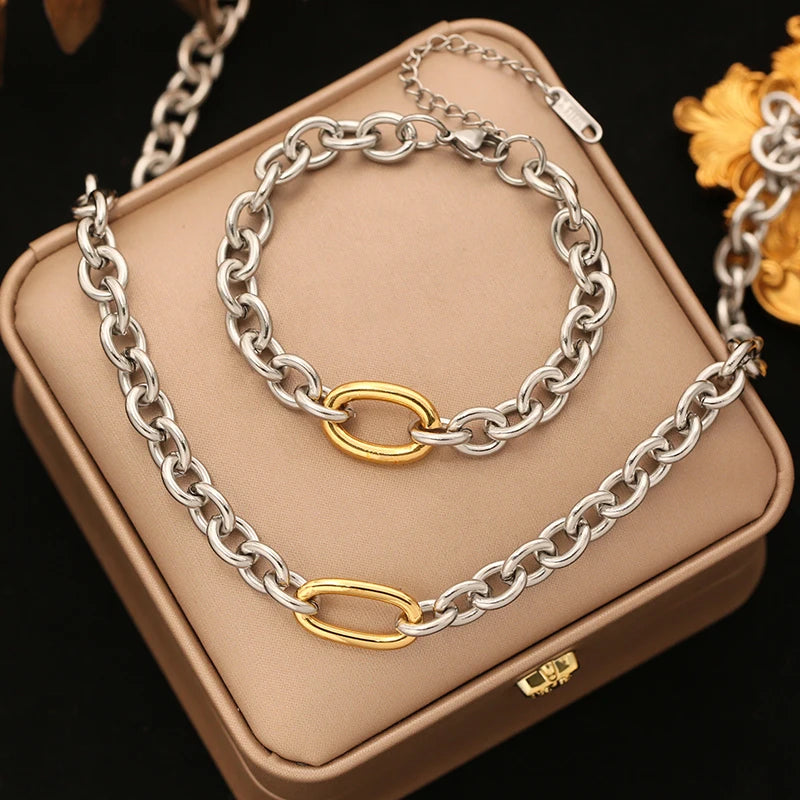 EILIECK 316L Stainless Steel Silver Color High Quality Metal Chain Necklace Bracelet Set Waterproof Popular Casual Jewelry Women