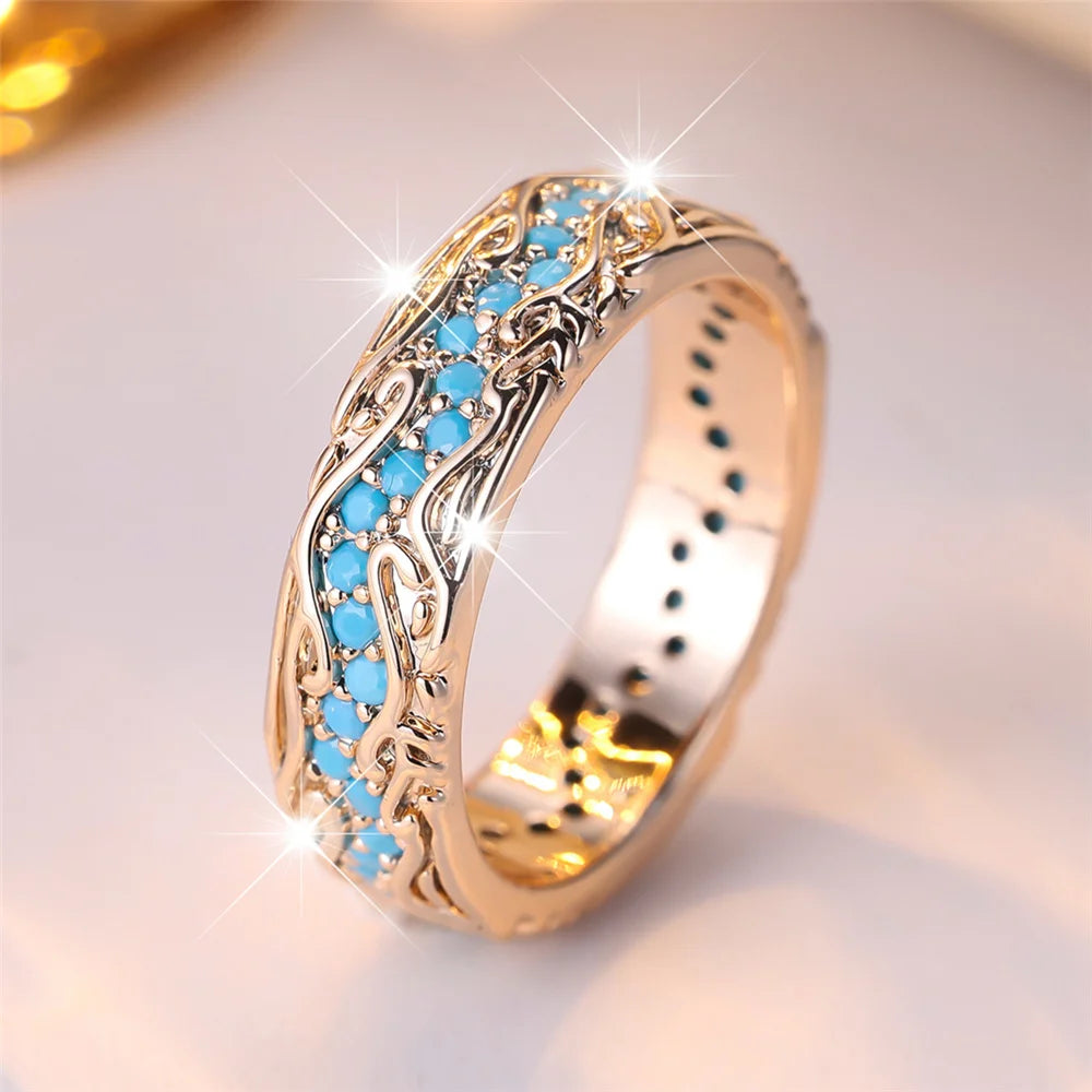 Cute Female Blue Round Stone Ring Novelty Gold Color Party Jewelry For Women