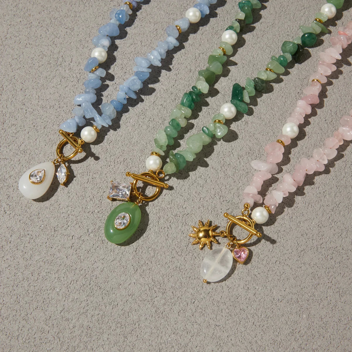 Fashion Oval Natural Stone Pendant Stainless Steel Necklace with Zircon Pearl Summer Style Stone Chip Handmade Collars Jewelry