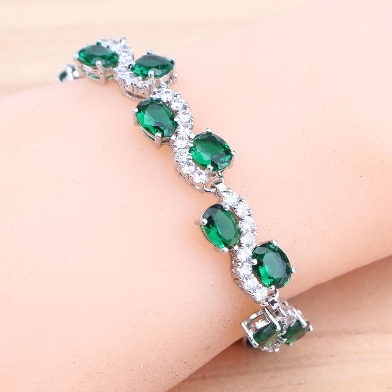 925 Silver Charm Green Cubic Zircon Bracelets For Women Wedding Jewelry 18CM Length