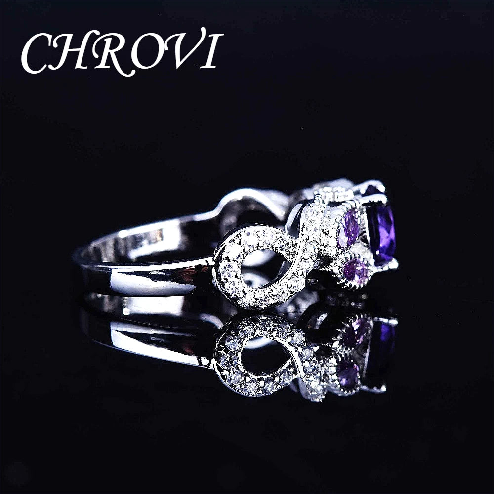 Luxury-Style 925 Sterling Silver New Model Set with Purple Crystal Ring - Full Diamond Engagement Ring for Women
