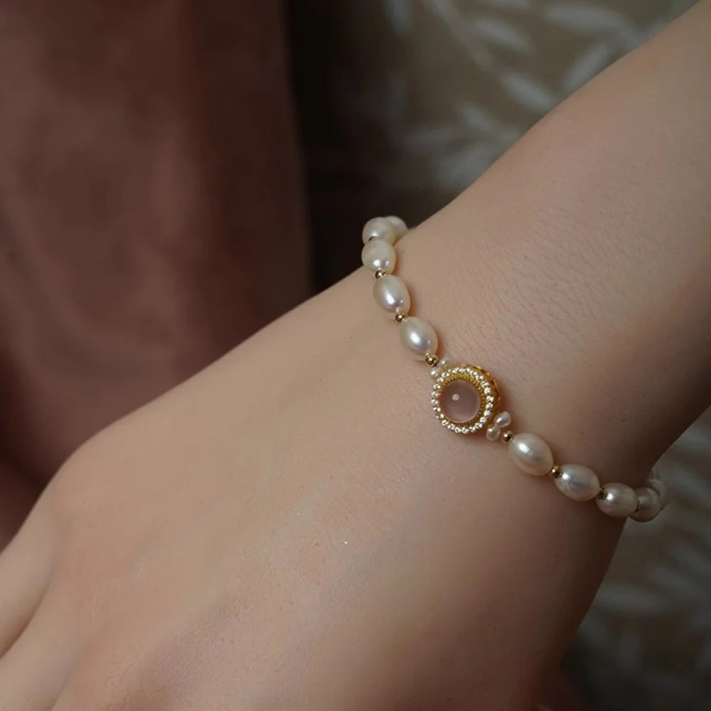 Charm Female Small Mermaid White Pearl Pink Zircon Bracelet Cute Gold Color Adjustable Wedding Jewelry For Women