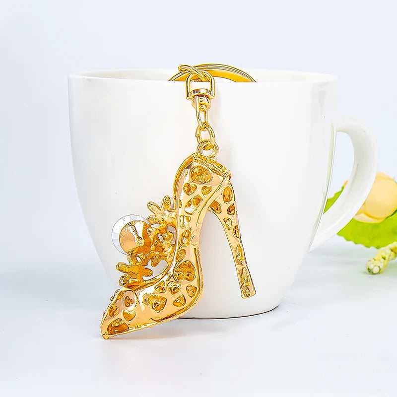 Elegant Flower High Heels Key Chain Women's Bag Pendant Alloy Rhinestone Car Key Ring Fashion Backpack Ornament