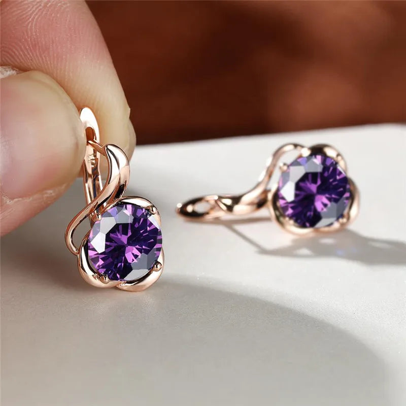 Female Crystal Round Red Green Purple Zircon Stone Flower Hoop Earrings Charm Rose Gold Color Wedding Jewelry Earrings For Women