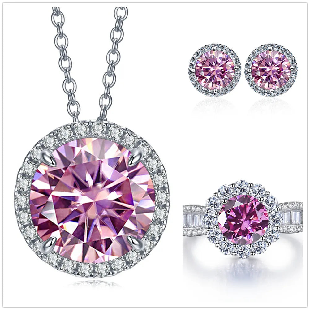Total 9 Carat Moissanite Jewelry Set 925 Sterling Silver Ring Earrings Necklace Jewelry Pass Diamond Test with Black Card Gift