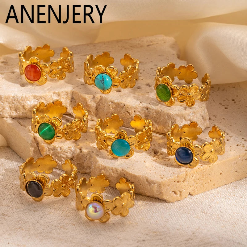 ANENJERY 316L Stainless Steel Flower Inlaid Colorful Stone Open Ring for Women Men Beauty Delicate Jewelry Gifts Wholesale