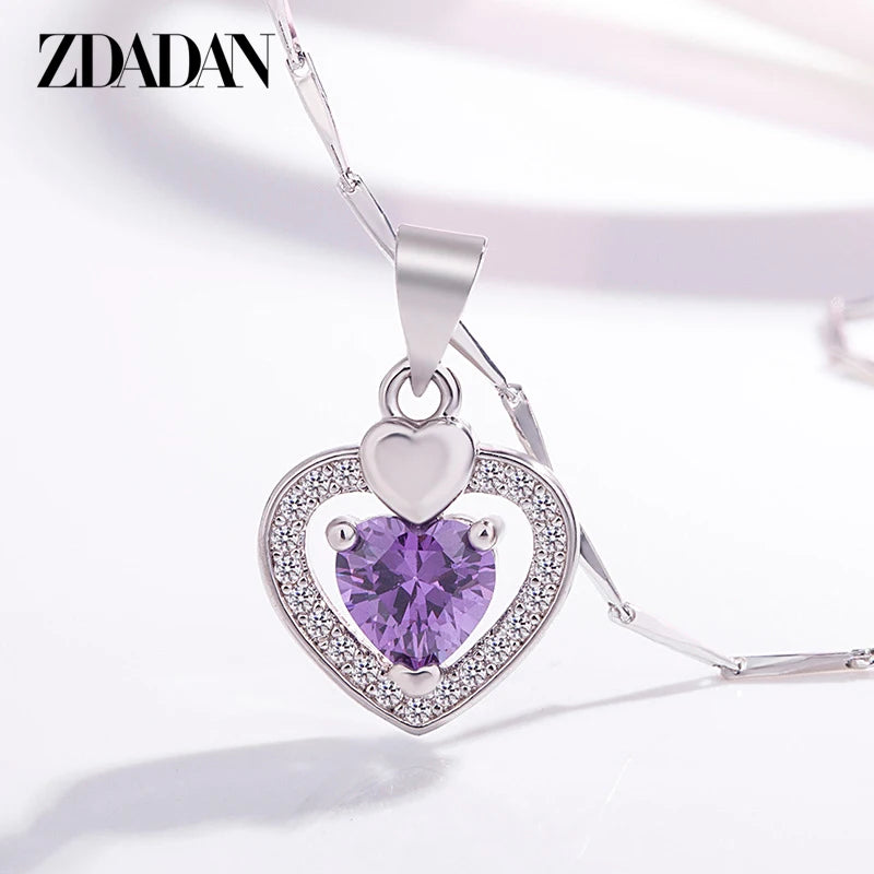 ZDADAN 925 Sterling Silver Heart Purple Crystal Pendant Necklace Chains For Women Fashion Wedding Jewelry