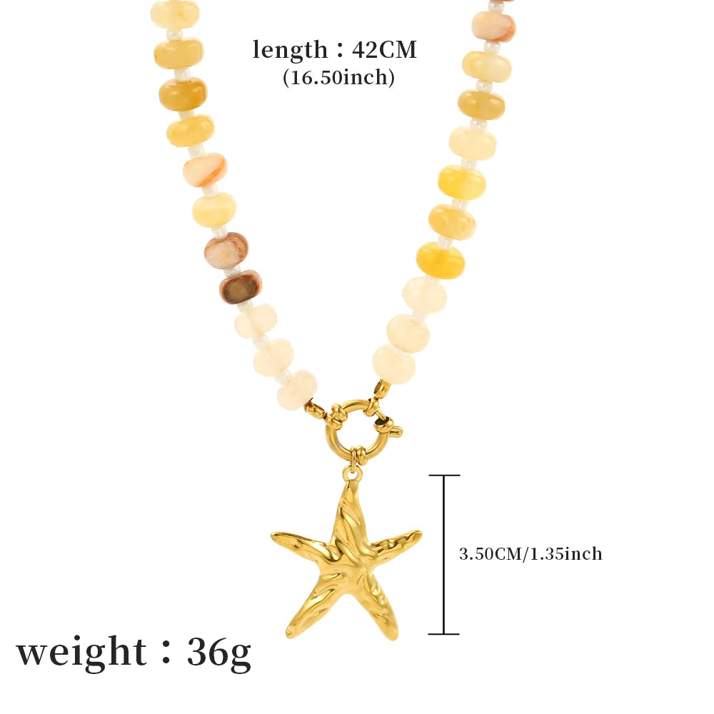 Badu Summer Colorful Natural Stone Beads Stainless Steel Starfish Pendant Necklace for Women Bohemia Beach Jewelry Waterproof
