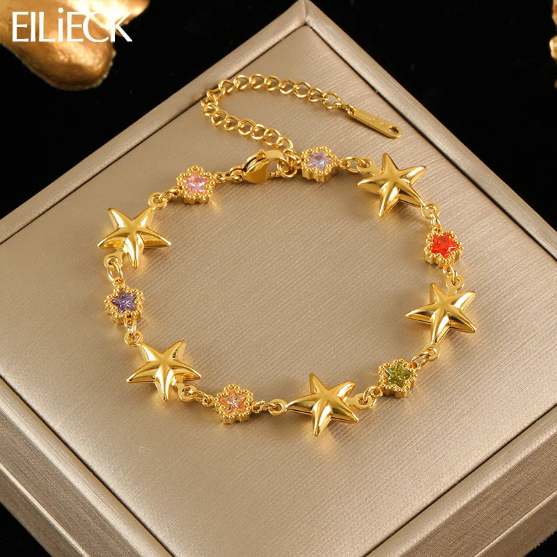 EILIECK 316L Stainless Steel Colorful Star Zircon Charm Bracelet Gold Color Jewelry Trendy Metal Texture Accessories for Women