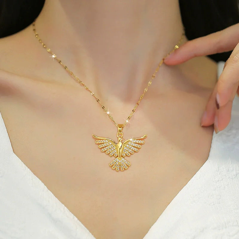 EILIECK 316L Stainless Steel Shine Cubic Zircon Butterfly Pendant Necklace for Girl Gold Color Waterproof Chic Jewelry Party