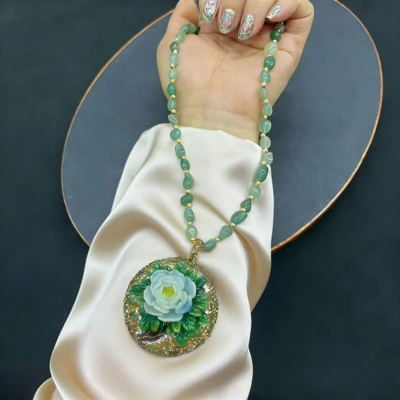 Turkish Natural Tourmaline Crystal Stone Neckalce Jade 3D Peony Flower Pattern Gemstone Pendant Charm Chain Women Lucky Jewelry