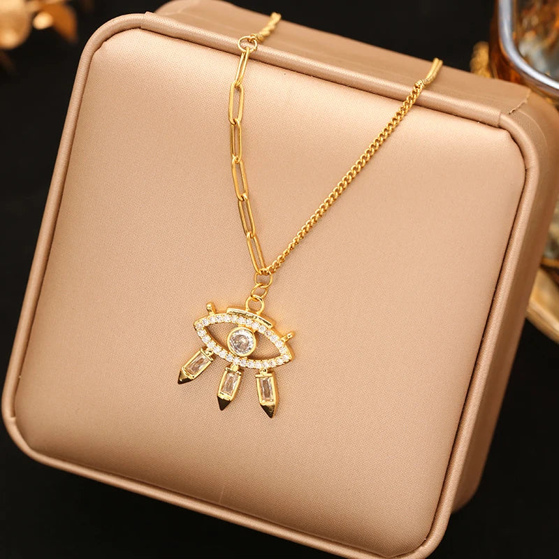EILIECK 316L Stainless Steel Luxury Bling Zircon Moon Heart Pendant Necklace For Women 18K PVD Plated Neck Chain Jewelry Gift