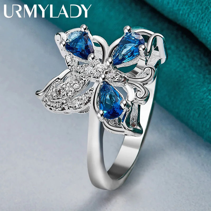 URMYLADY 925 Sterling Silver Butterfly Blue Zircon 7-10# Ring For Women Fashion Wedding Party Charm Jewelry