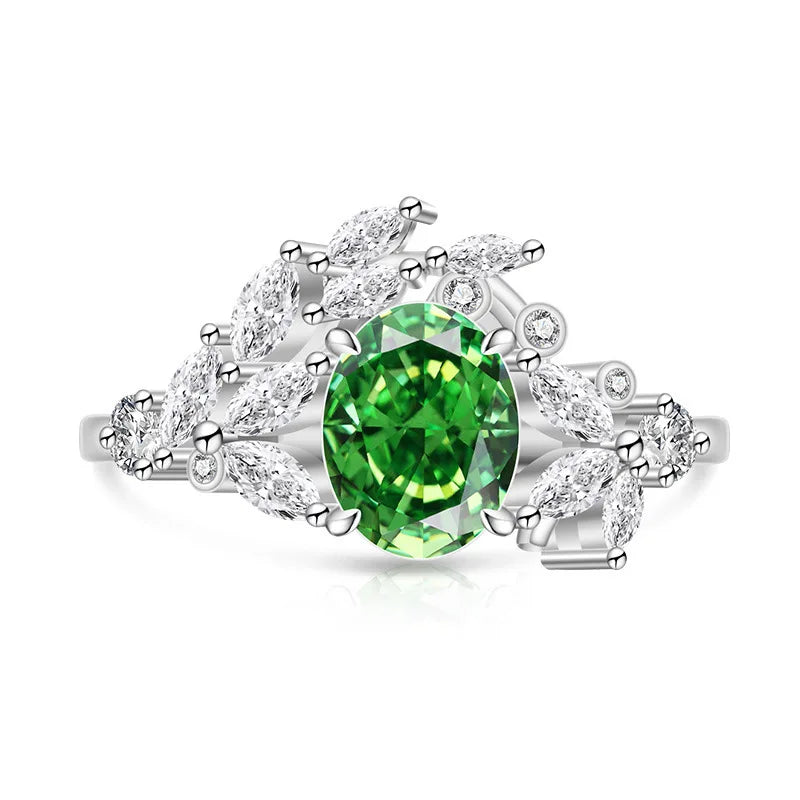 925 Sterling Silver Ice Flower Cut Jadeite Ring with Zircon Inlay - Super Sparkling Ring for Women