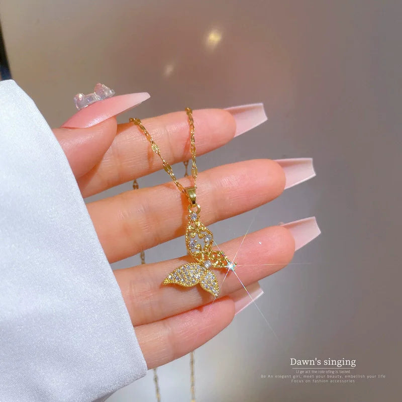 EILIECK 316L Stainless Steel Dragonfly Butterfly Shiny Cubic Zircon Pendant Necklace for Women Luxury Neck Chain Fashion Jewelry