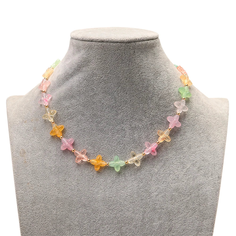 Cute Colorful Geometric Flower Beaded Choker Necklace Sweet Resin Beads Necklaces for Women Spring Summer Jewelry Gifts