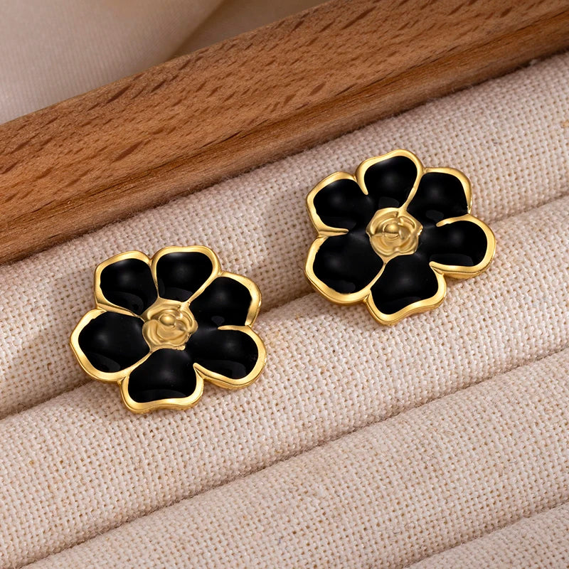 ANENJERY 316L Stainless Steel Colorful Enamel Flower Stud Earrings For Women Temperament Luxury Niche Simple Jewelry Gift