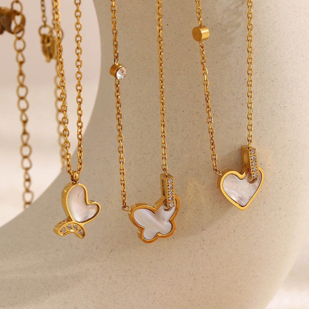 E.B.belle Heart Butterfly Pendant Chain Necklace 18K Gold Plated Stainless Steel Women's Necklaces Minimalist Chain Jewelry Gift