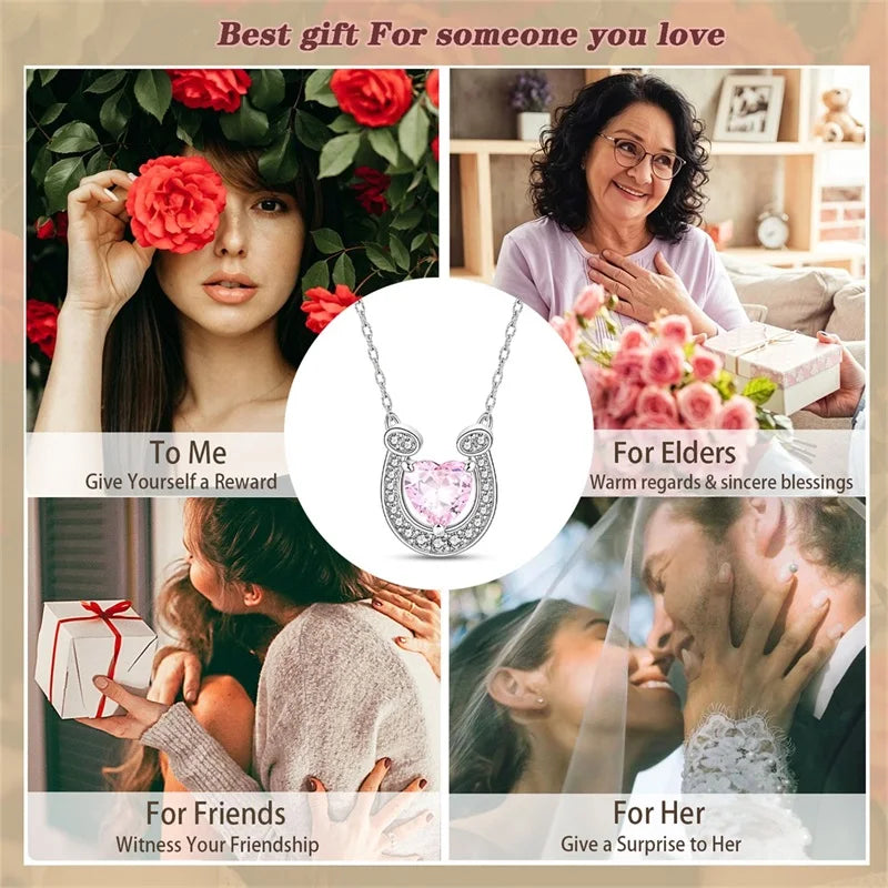 2026 New 925 Sterling Silver Pink Zirconium Horseshoe Necklace For Women Birthday Anniversary Jewelry Gifts
