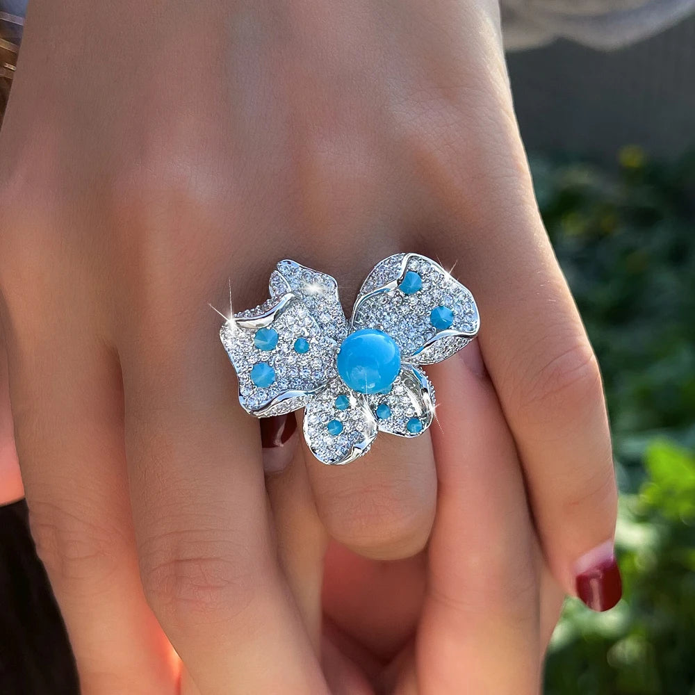 ThreeGraces 2026 New Trendy Synthetic Turquoise Bridal Wedding Evening Party Big Butterfly Ring for Women Bohemian Jewelry RG170