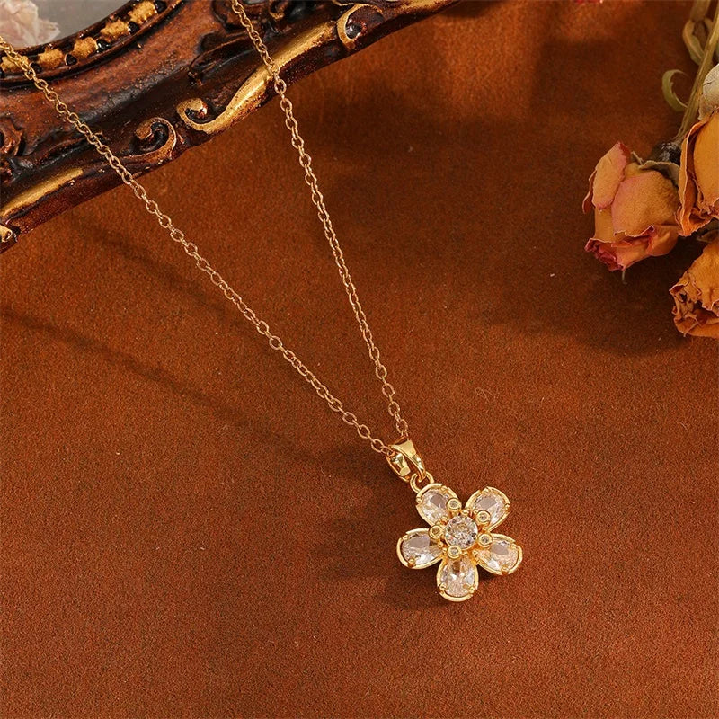 EILIECK Women's Trendy Floral Pink Zirconia Pendant Necklace Stainless Steel Neck Chain Daily Water-resistant Jewelry Lady Gift