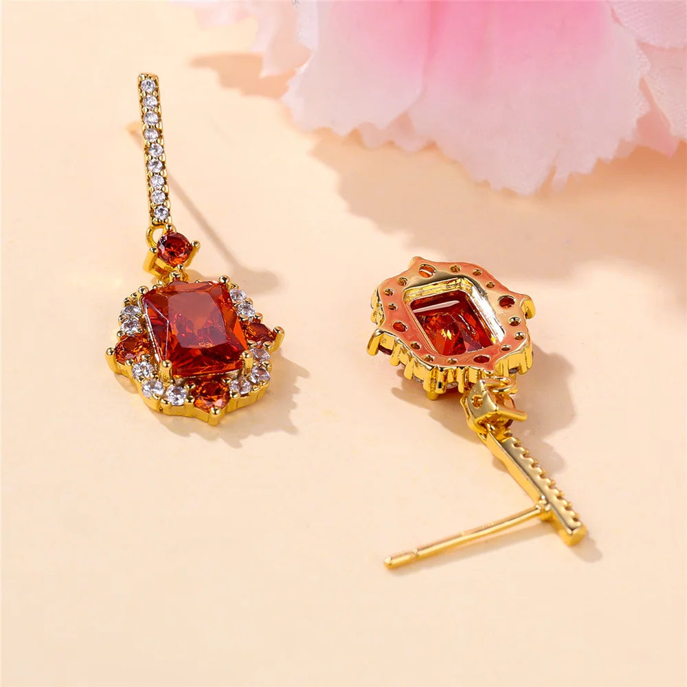 Luxury Female Purple Red Square Zircon Stone Drop Dangle Earrings Unique Gold Color Evening Jewelry For Women