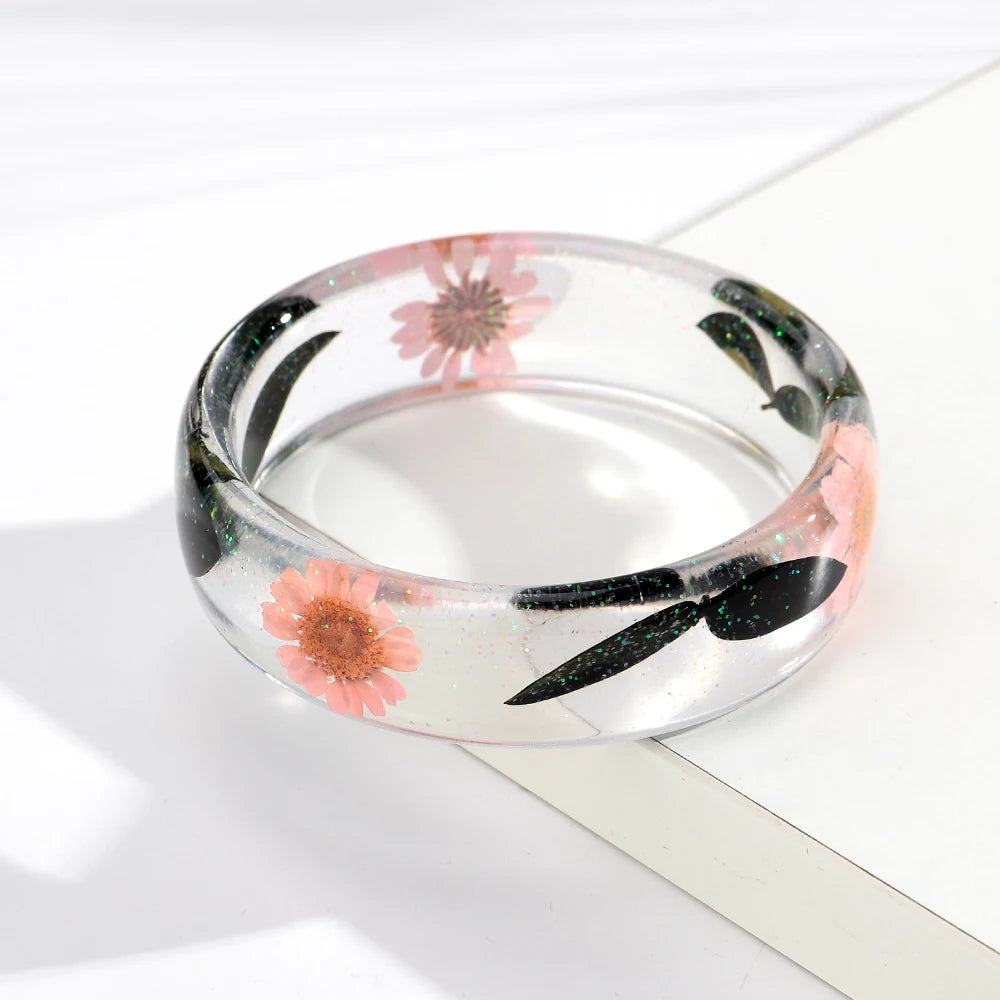 Vintage Dried Flowers Transparent Resin Chunky Bangles New Stackable Cuff Bangle Bracelets for Women Charm Jewelry