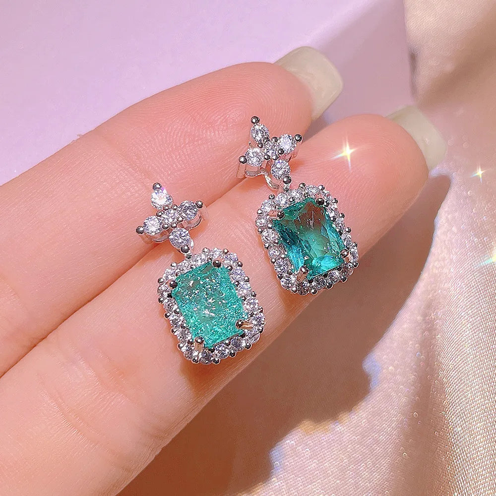 925 Silver Earrings for Women's Shiny Green AAAA Zircon Earrings Stylish Geometric Jewelry Party Earrings