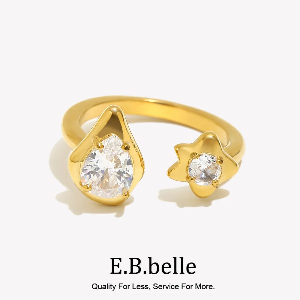 E.B.belle Asymmetric Opening Water Droplets Stars Zircon Ring 18K Gold Plated Women's Rings 316L Stainless Steel Accessories
