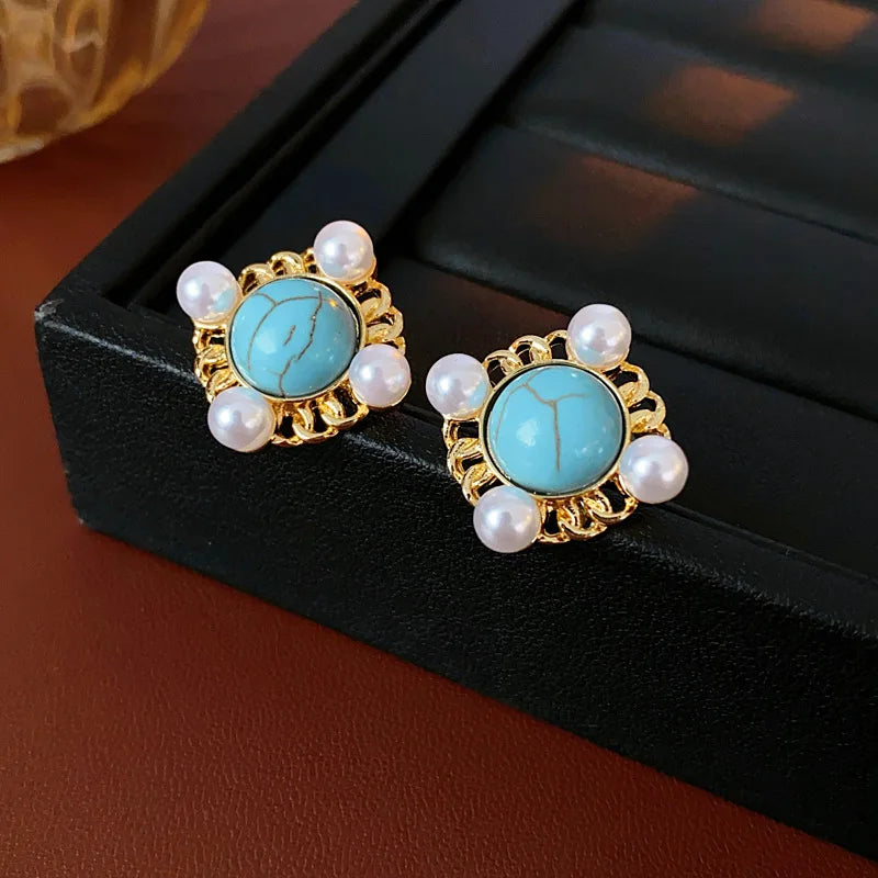 NISHIZAWA Pearls Stud Earrings for Women Geometric Sweet Korean Fashion Jewelry Elegant Vintage Simple Aretes De Mujer