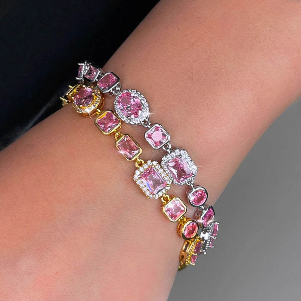 ThreeGraces Elegant Shiny Pink Zirconia Vintage Bridal Geometric Link Chain Bracelet for Women Fashion Daily Party Jewelry BR432