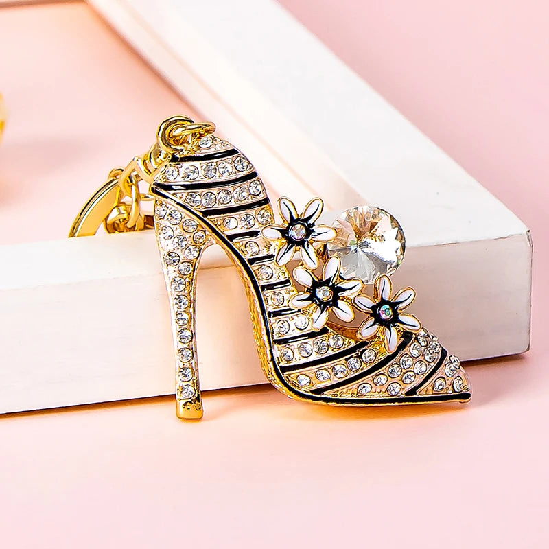 Elegant Flower High Heels Key Chain Women's Bag Pendant Alloy Rhinestone Car Key Ring Fashion Backpack Ornament