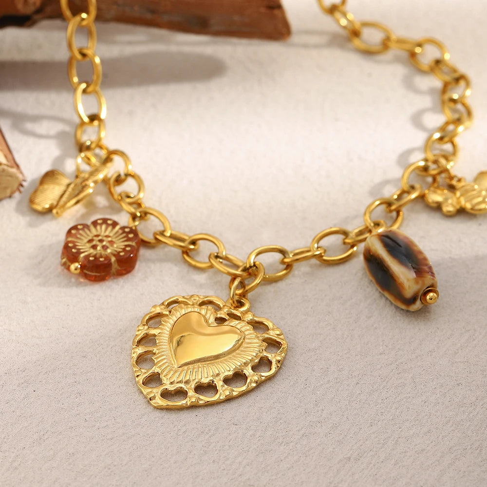 E.B.belle Vintage Style PVD Plated  Hollow Heart Butterfly Charm Necklace Stainless Steel Women Waterproof Party Neck Jewelry