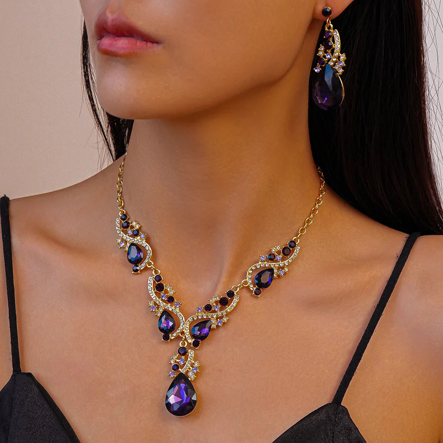 Purple Rhinestone Pendant Necklaces Drop Earrings Party Banquet Jewelry Set Vintage Water Drop Necklace Earrings Accessories H