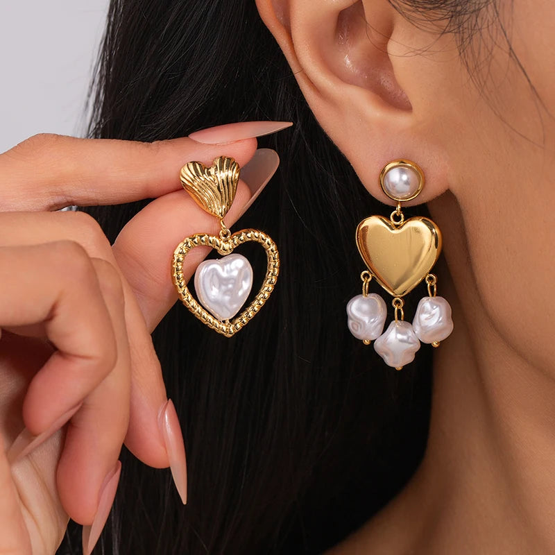 ANENJERY 316L Stainless Steel Imitation Pearls Hollow Heart Stud Earrings For Women French Vintage Luxury Niche Jewelry Gift