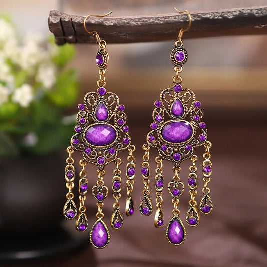 Creative Ethnic Long Antique Gold Color Earrings Vintage Boho Acrylic Rhinestone Geometric Hollow Drop Earrings Women Jewelry